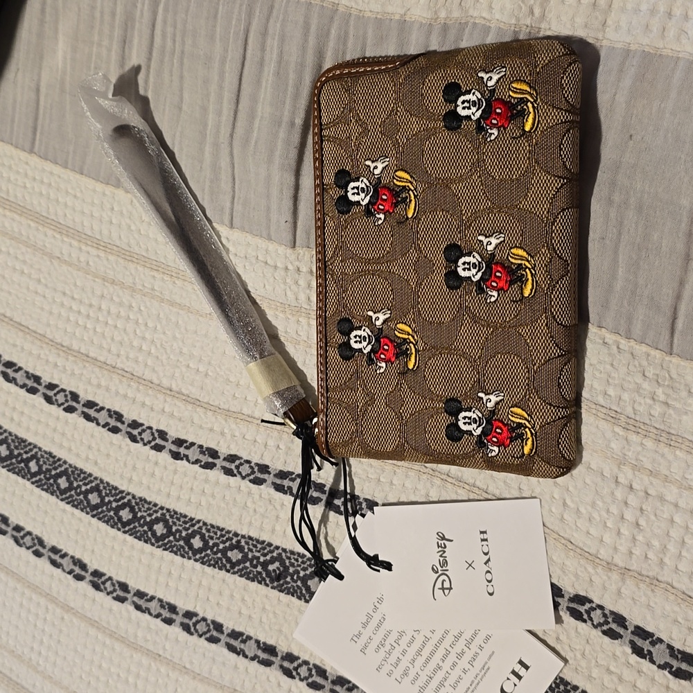 Coach Disney Mickey Mouse Signature Brown and Tan Zip Wristlet
